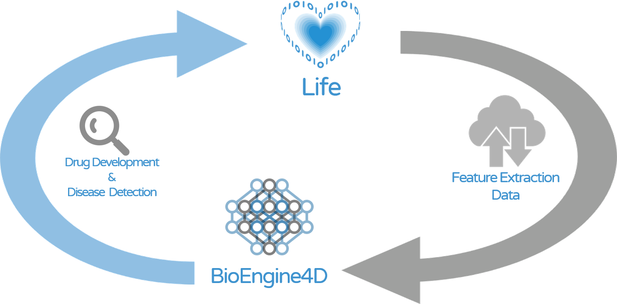 BioTrillion graphic - Circular arrow graphic with the direction moving from Life to Data to BioEngine4d to Detection